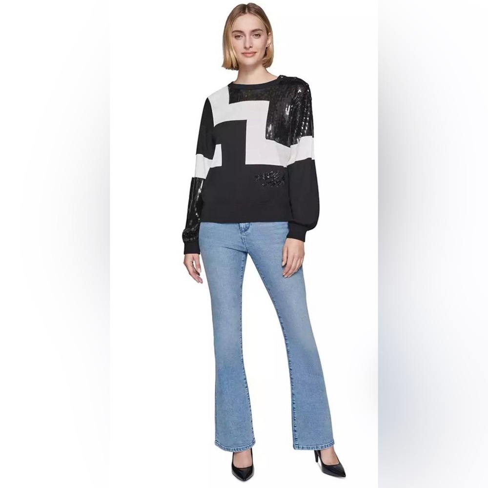 Karl Lagerfeld Black & White Geometric Sequin Crewneck Sweater